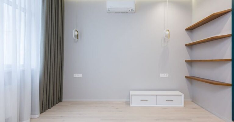 AC Window Treatments - Interior of minimalist room with wooden shelves and AC